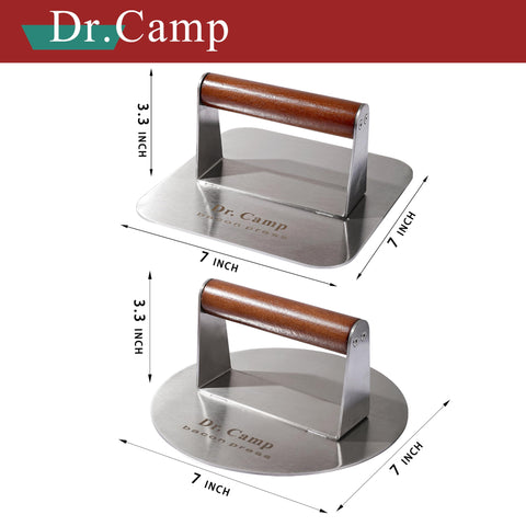 Dr.Camp 7-inch square burger press showcasing versatile patty shaping.