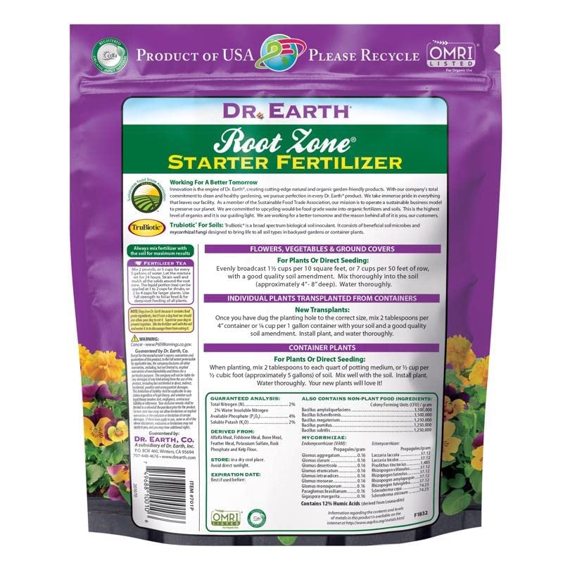 Dr. Earth 701P packaging label highlights organic 2-4-2 formula.