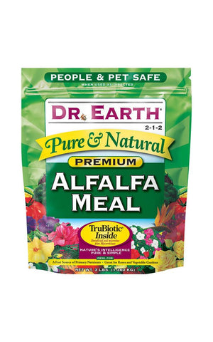 Dr. Earth Alfalfa meal close-up shows natural ingredients boosting soil vitality.