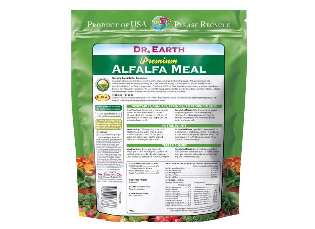 Dr. Earth Alfalfa Meal Plant Food label detail highlights ingredients.