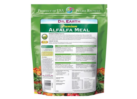 Dr. Earth Alfalfa Meal Plant Food label detail highlights ingredients.