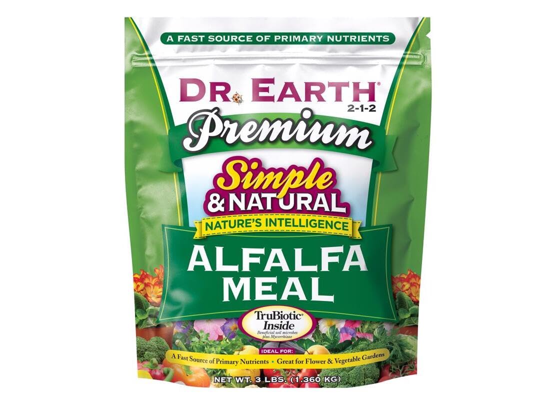 Dr. Earth Alfalfa Meal Plant Food 3lb bag for balanced nutrition and healthy growth.