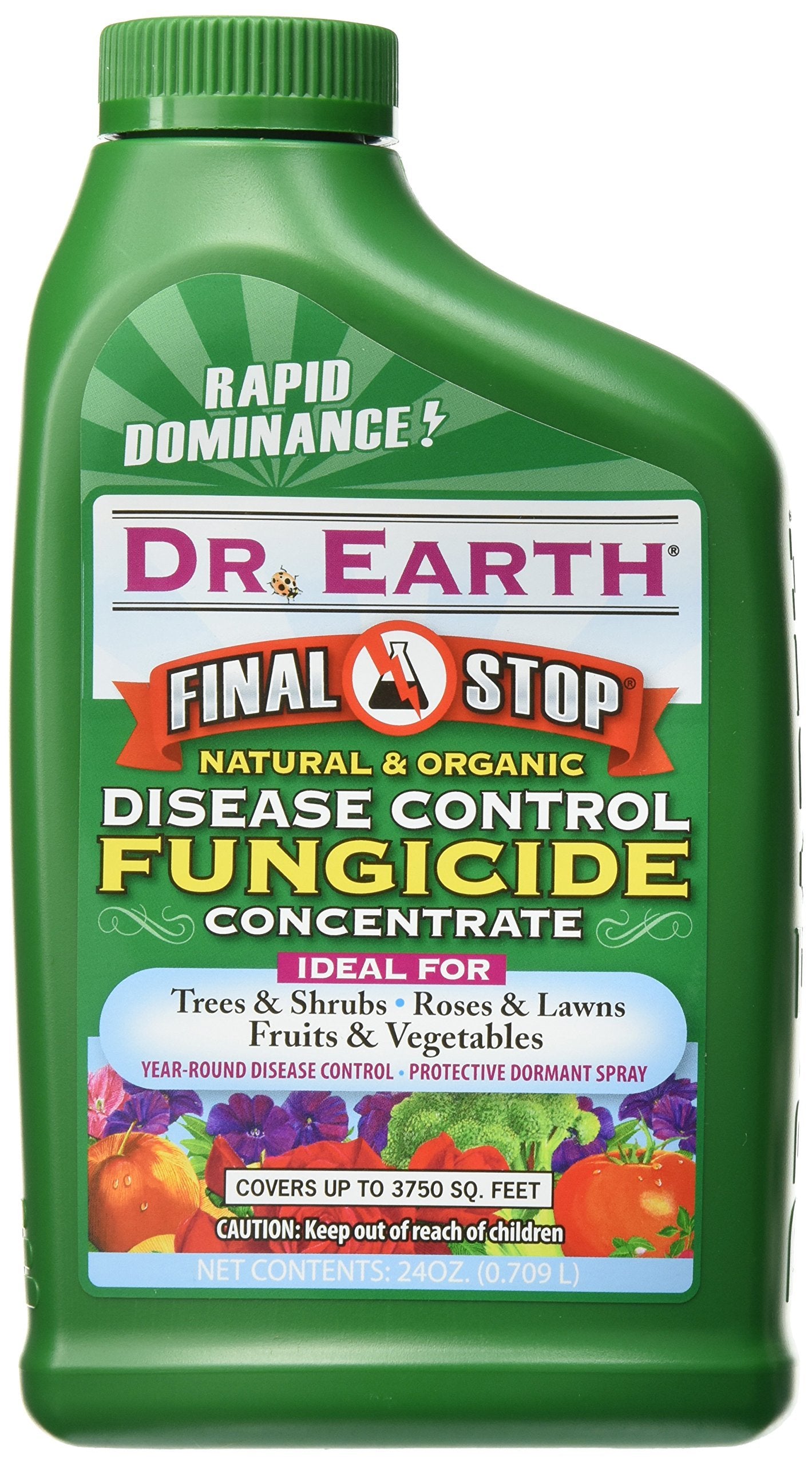 Dr. Earth Concentrate Fungicide bottle ready for garden use, protecting vegetables and fruit trees.