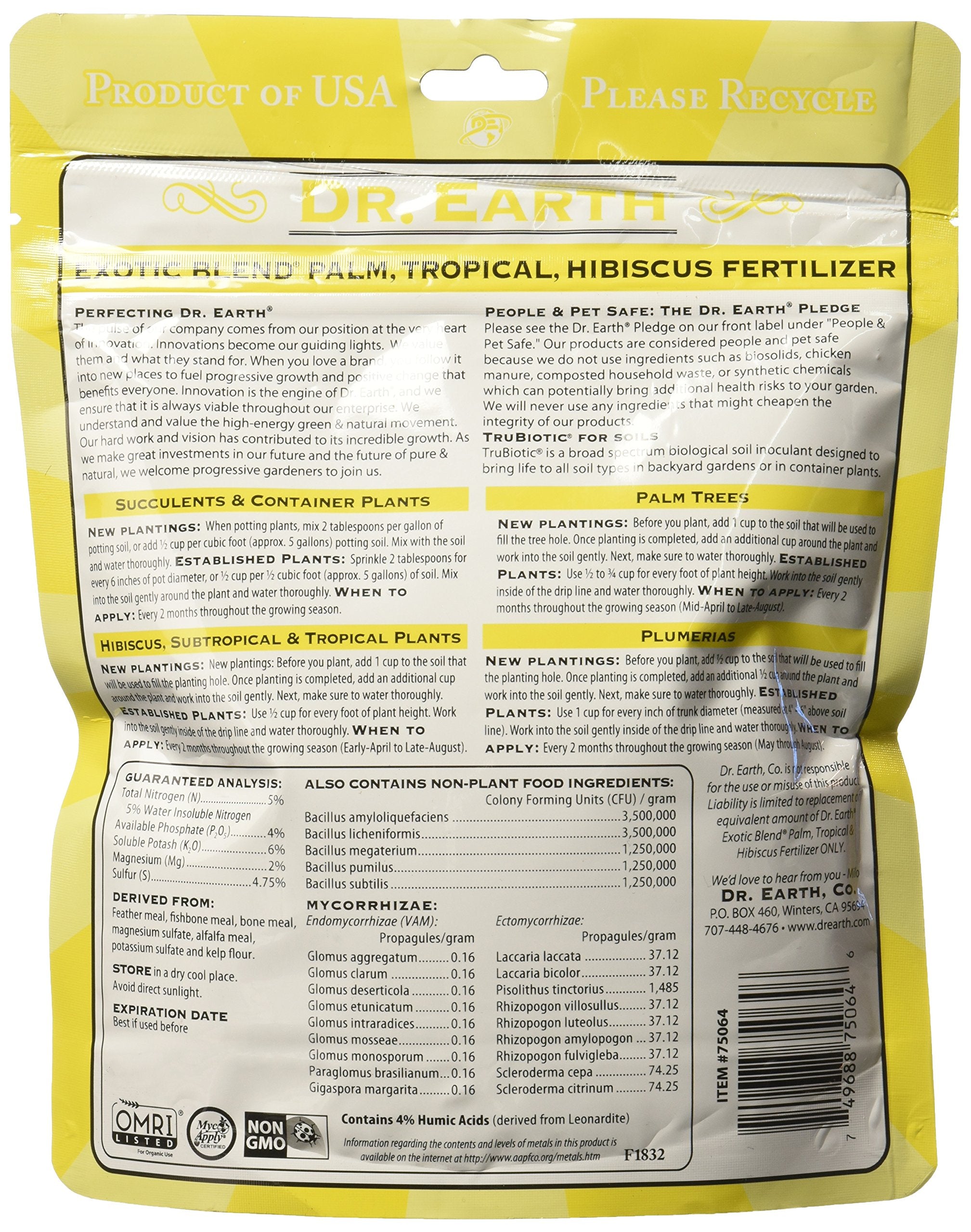 Closeup of Dr. Earth Exotic Blend label showing organic formula.