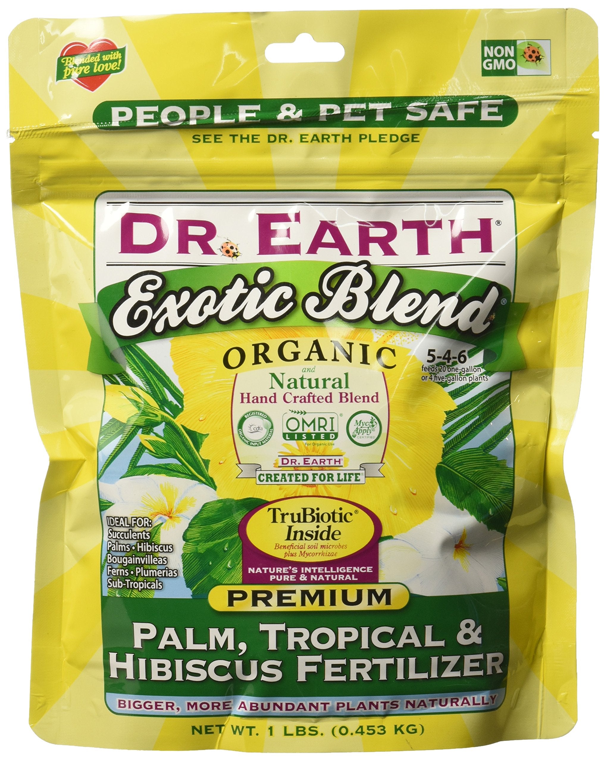 Dr. Earth Exotic Blend bottle ready for palm, tropical, hibiscus plant feeding.