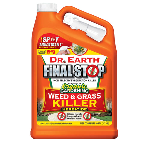 Dr Earth Final Stop bottle label confirms organic OMRI listing for organic gardening.