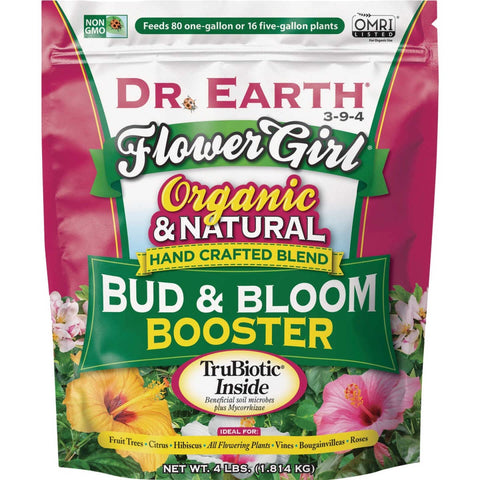 Dr. Earth Flower Girl Bloom Booster dry granules illustrate ready-to-use organic nutrients for flowering plants.