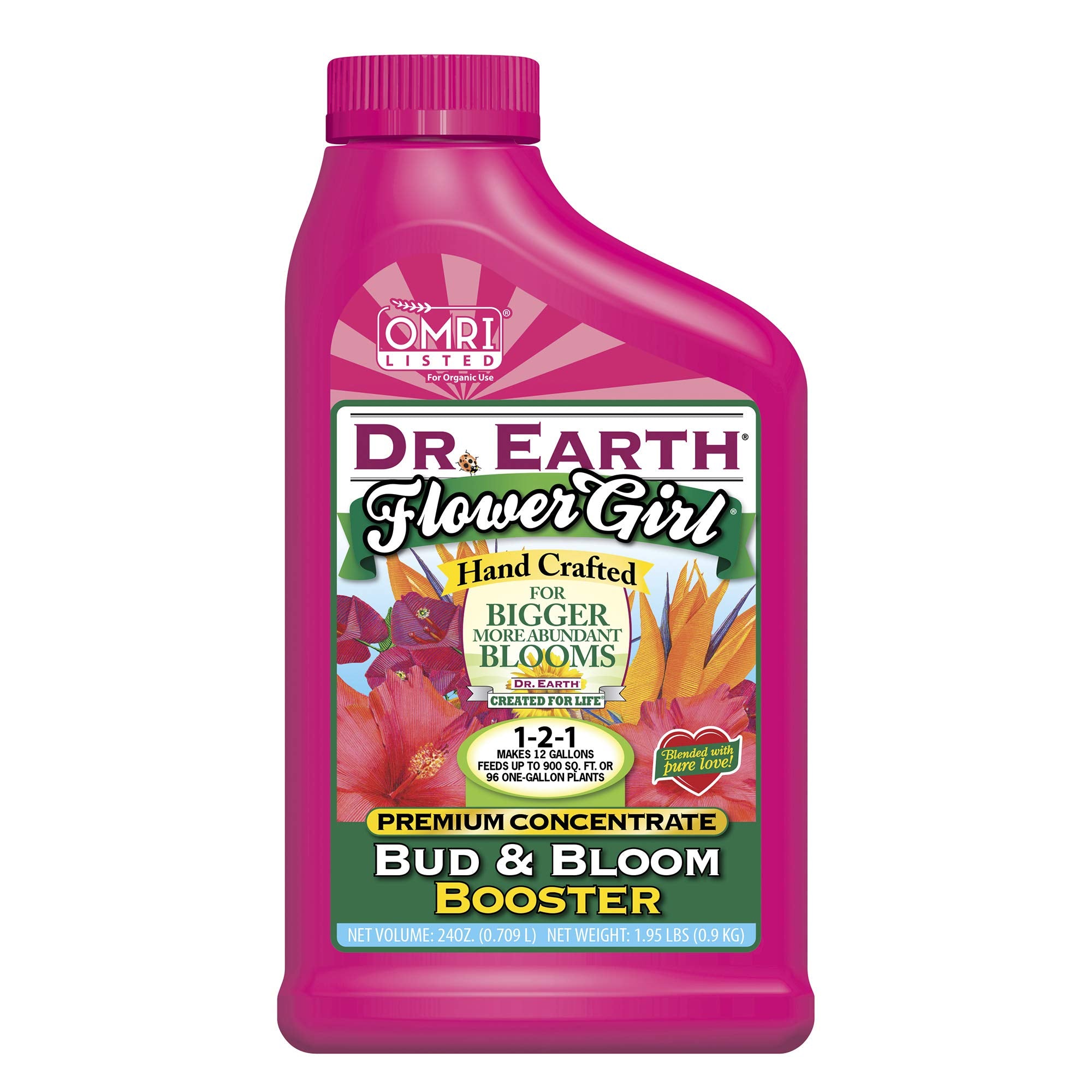Dr. Earth Flower Girl Bud & Bloom Booster 24oz concentrate boosts vibrant blooms in home gardens.