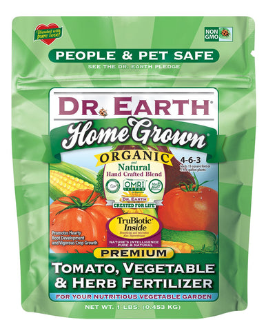 Dr. Earth Home Grown Tomato Fertilizer bottle supports healthier soil and bigger harvests