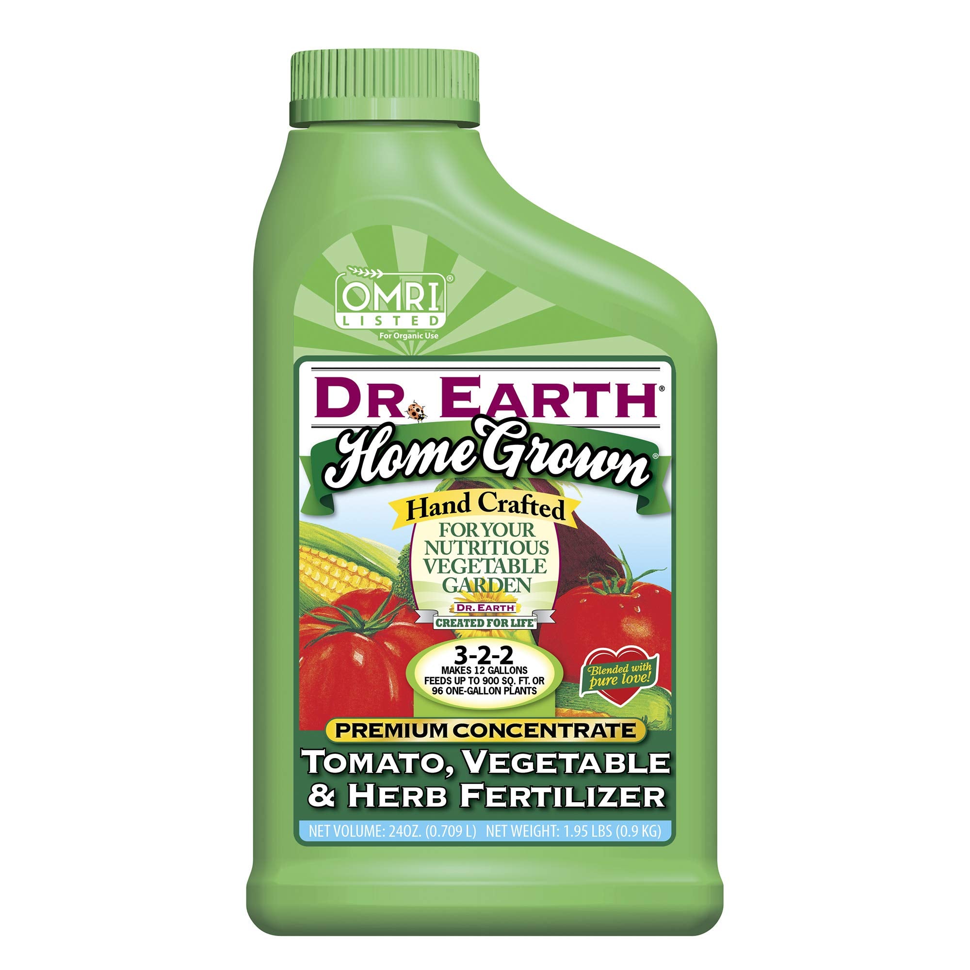 Dr. Earth Home Grown Tomato bottle shows OMRI listing for safe family gardening