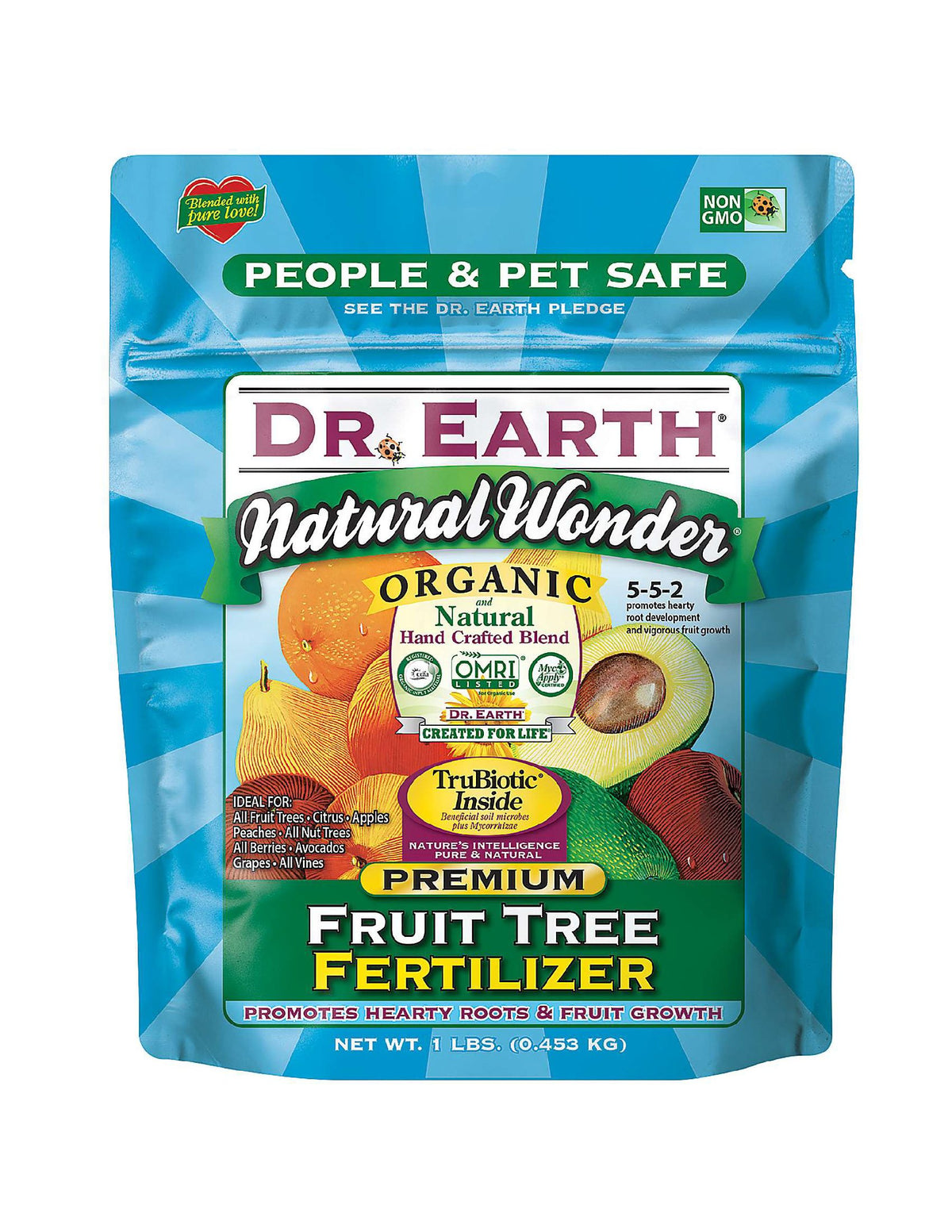 Dr. Earth MINI Natural Wonder Fruit Tree Fertilizer bottle for healthy fruit growth.