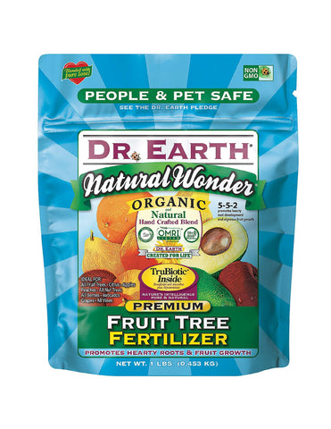 Dr. Earth MINI Natural Wonder Fruit Tree Fertilizer bottle for healthy fruit growth.