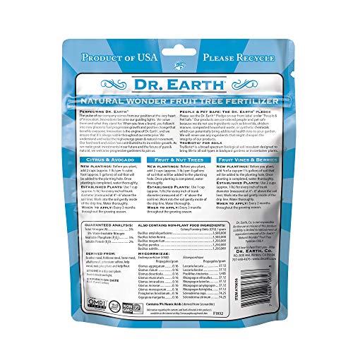 Dr. Earth MINI Fertilizer packaging highlighting organic certifications and safe ingredients.