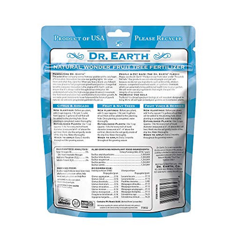 Dr. Earth MINI Fertilizer packaging highlighting organic certifications and safe ingredients.