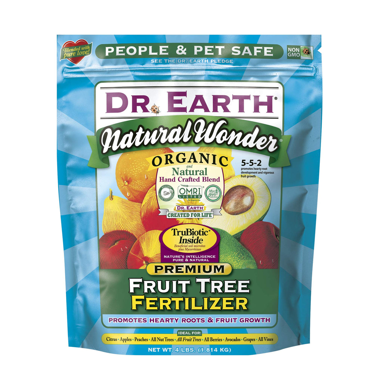 Dr. Earth Natural Wonder 4 lb bag close-up for nourishing fruit trees safely.