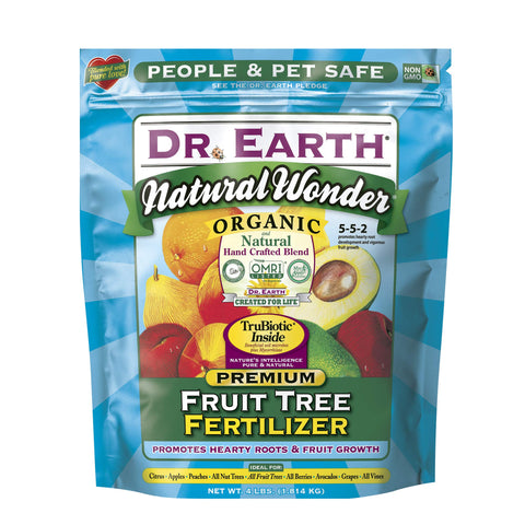 Dr. Earth Natural Wonder 4 lb bag close-up for nourishing fruit trees safely.