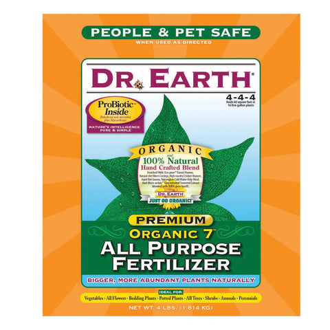 Dr. Earth Organic 7 All-Purpose Fertilizer bag with probiotic formula for healthy soil and growth