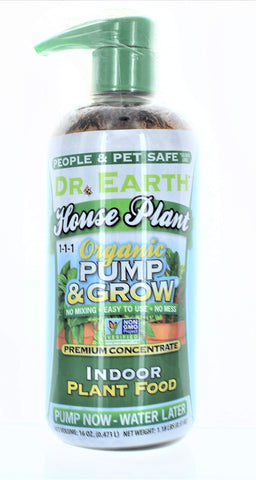 Dr. Earth Pump & Grow bottle close-up, ready to pour for quick plant feeding