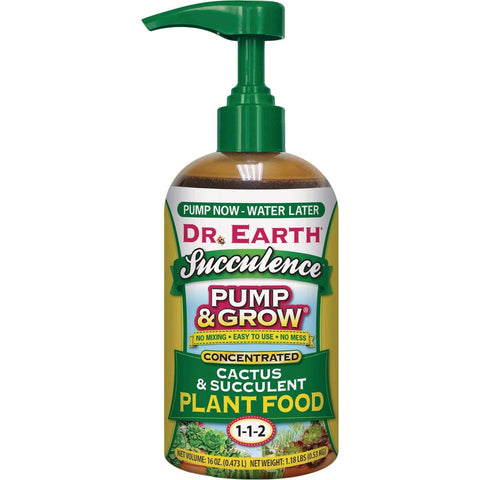 Dr. Earth Pump & Grow succulent food bottle with yellow packaging boosts healthy cactus and succulents.