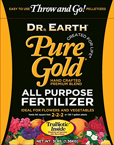 Dr. Earth Pure Gold all purpose pelletized fertilizer 3lb bag supports versatile garden feeding and soil health.