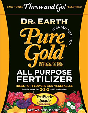 Dr. Earth Pure Gold all purpose pelletized fertilizer 3lb bag supports versatile garden feeding and soil health.