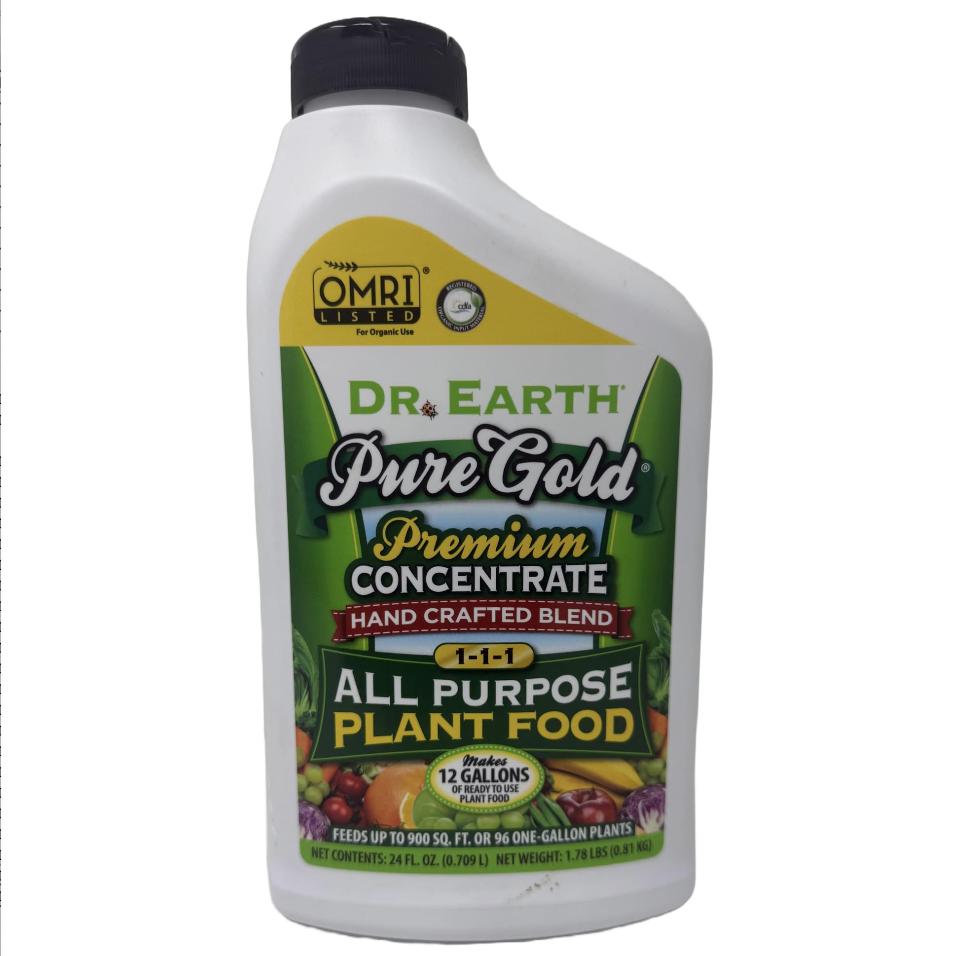Dr. Earth Pure Gold liquid plant food bottle ready for garden feeding