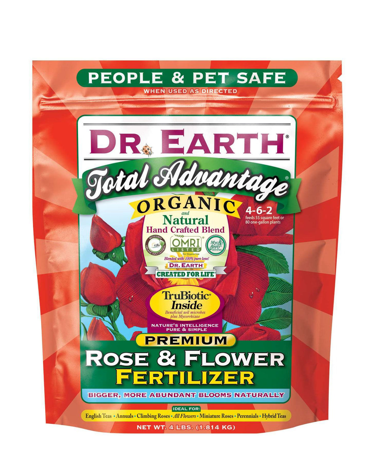 Dr. Earth Total Advantage Rose and Flower Fertilizer bottle with nutrient-rich blend for vibrant blooms.