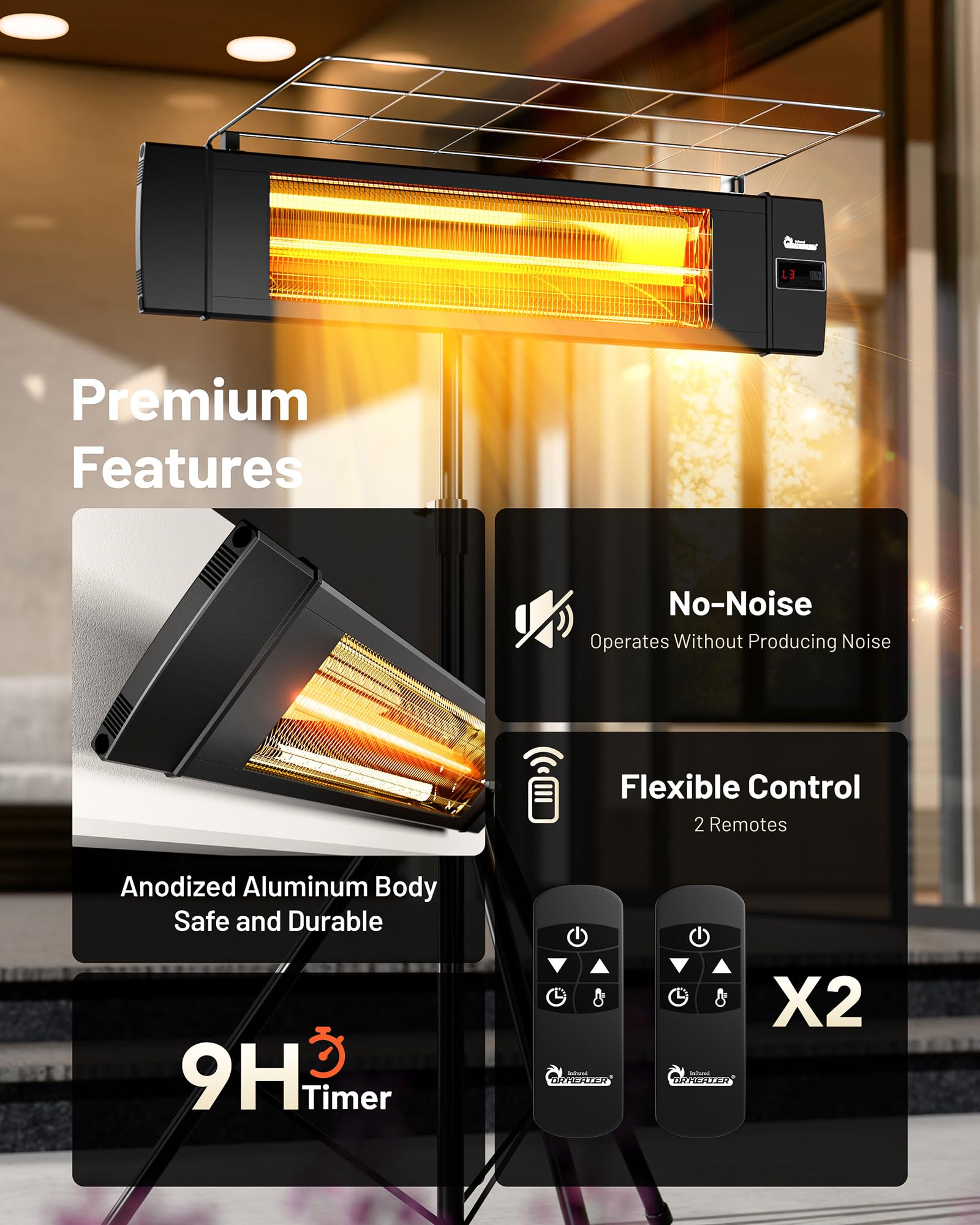 DR. INFRARED HEATER portable tripod enables flexible placement for gatherings