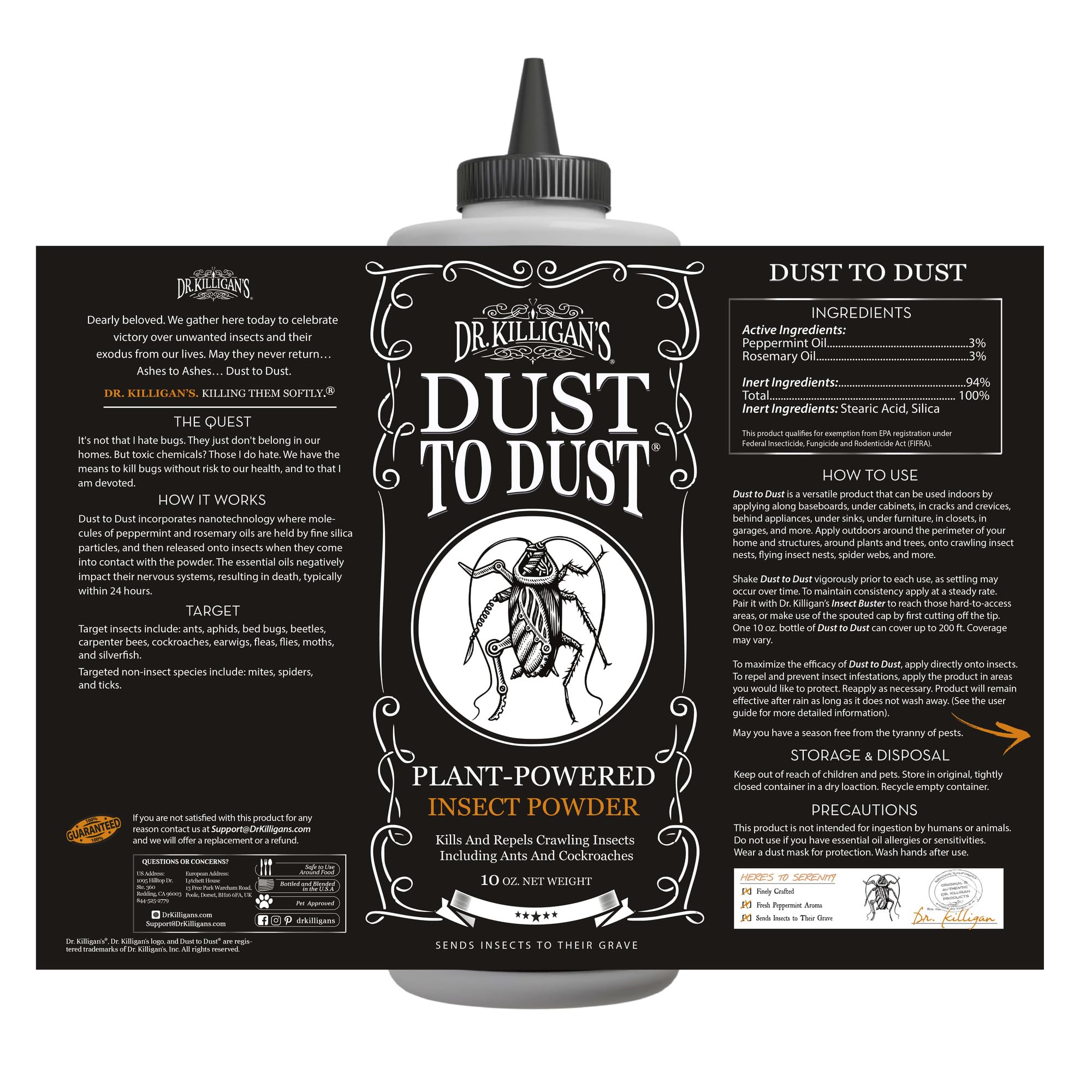 Dr. Killigan's Dust to Dust Powder packaging designed for household use.