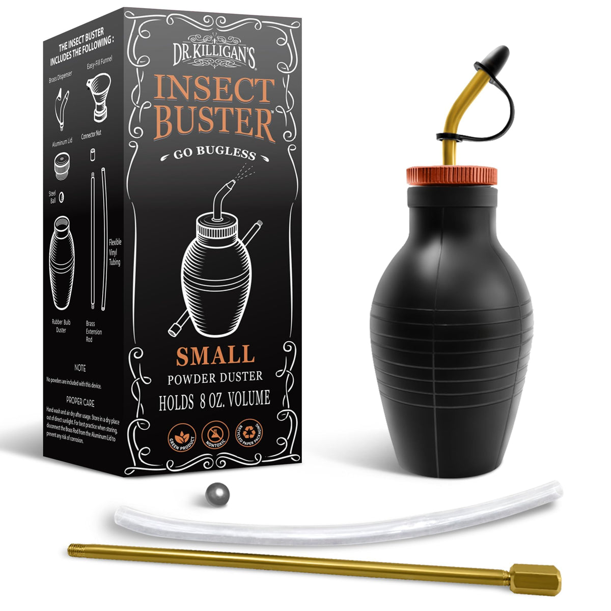 Dr Killigans Insect Buster bulb duster in use for controlled powder application.