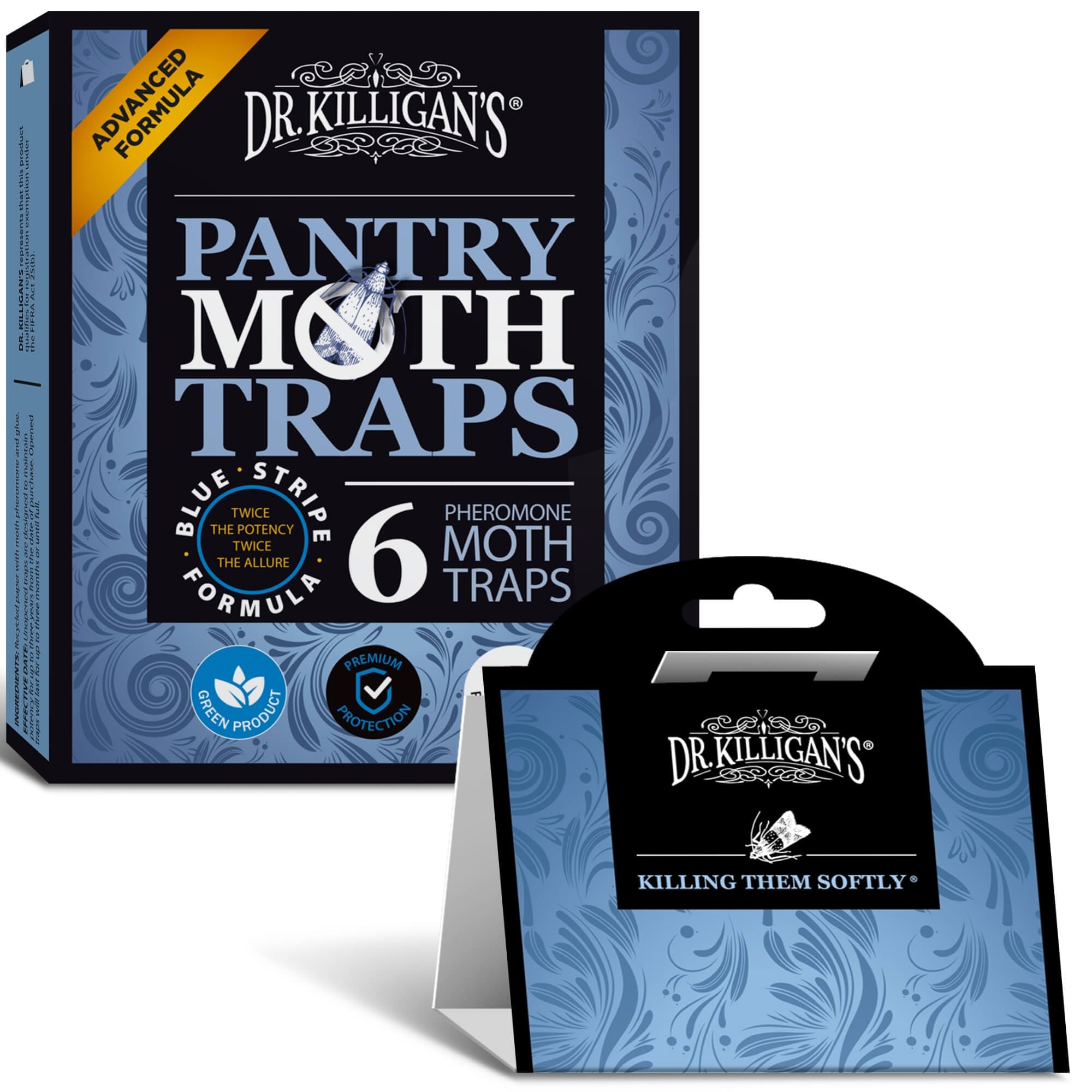 Dr. Killigan's Premium Pantry Moth Trap blue design on a pantry shelf