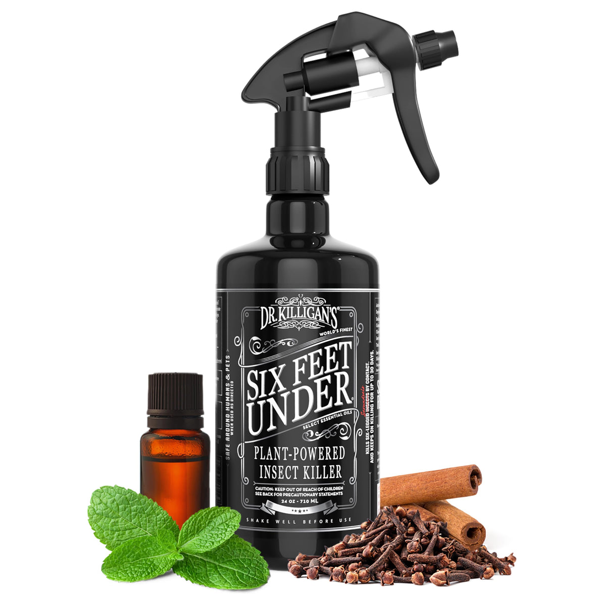 Dr. Killigan's Six Feet Under bottle pour for plant-powered indoor pest control.