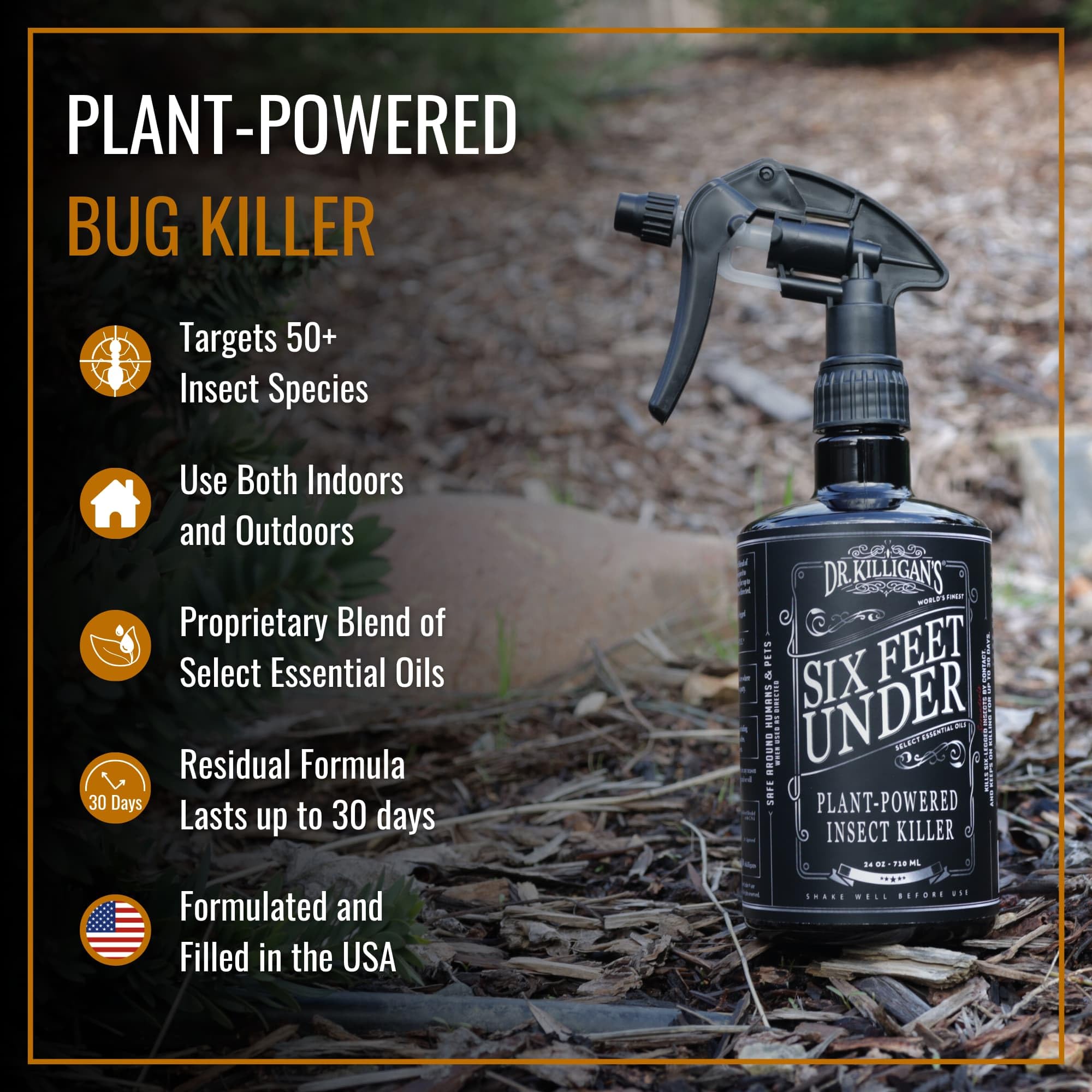 Dr. Killigan's Six Feet Under kitchen spray area highlights safe, plant-based pest control.