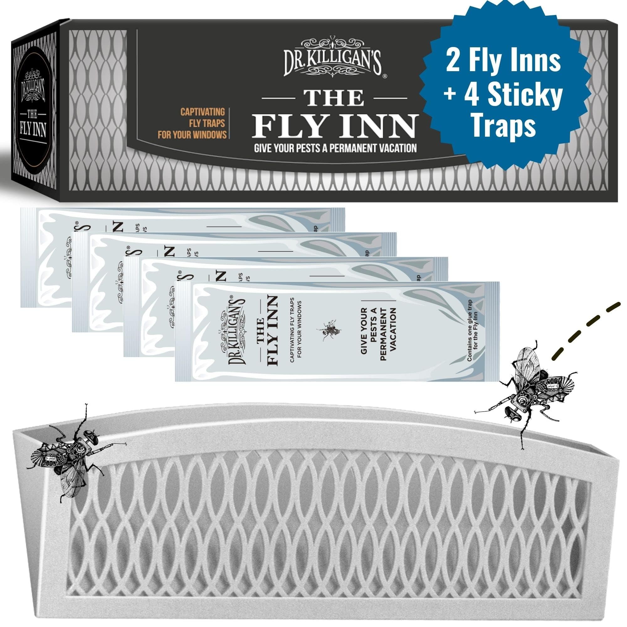 Dr. Killigan's The Fly Inn window trap mounted on glass attracts and catches flies near daylight.