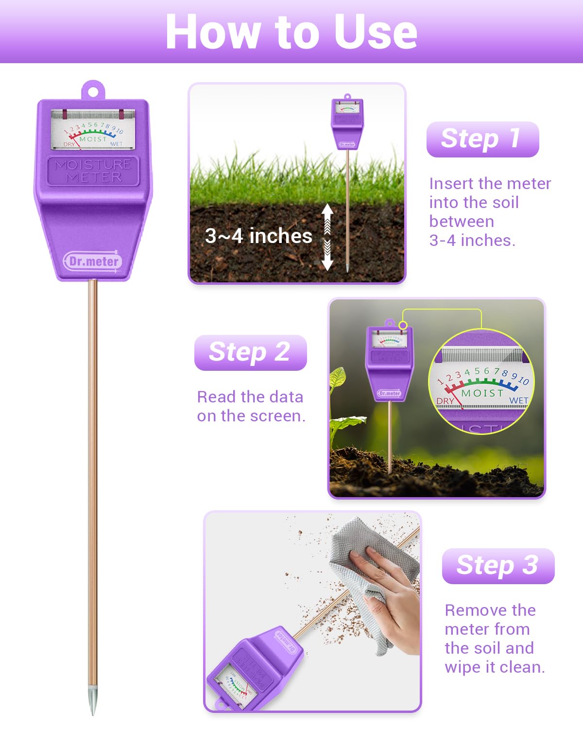 Dr.meter no-battery-needed meter in action for quick soil checks.