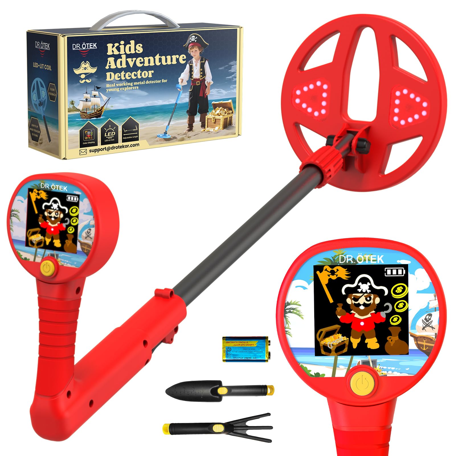 DR.ÖTEK Kids Metal Detector color LCD display for engaging treasure hunts.