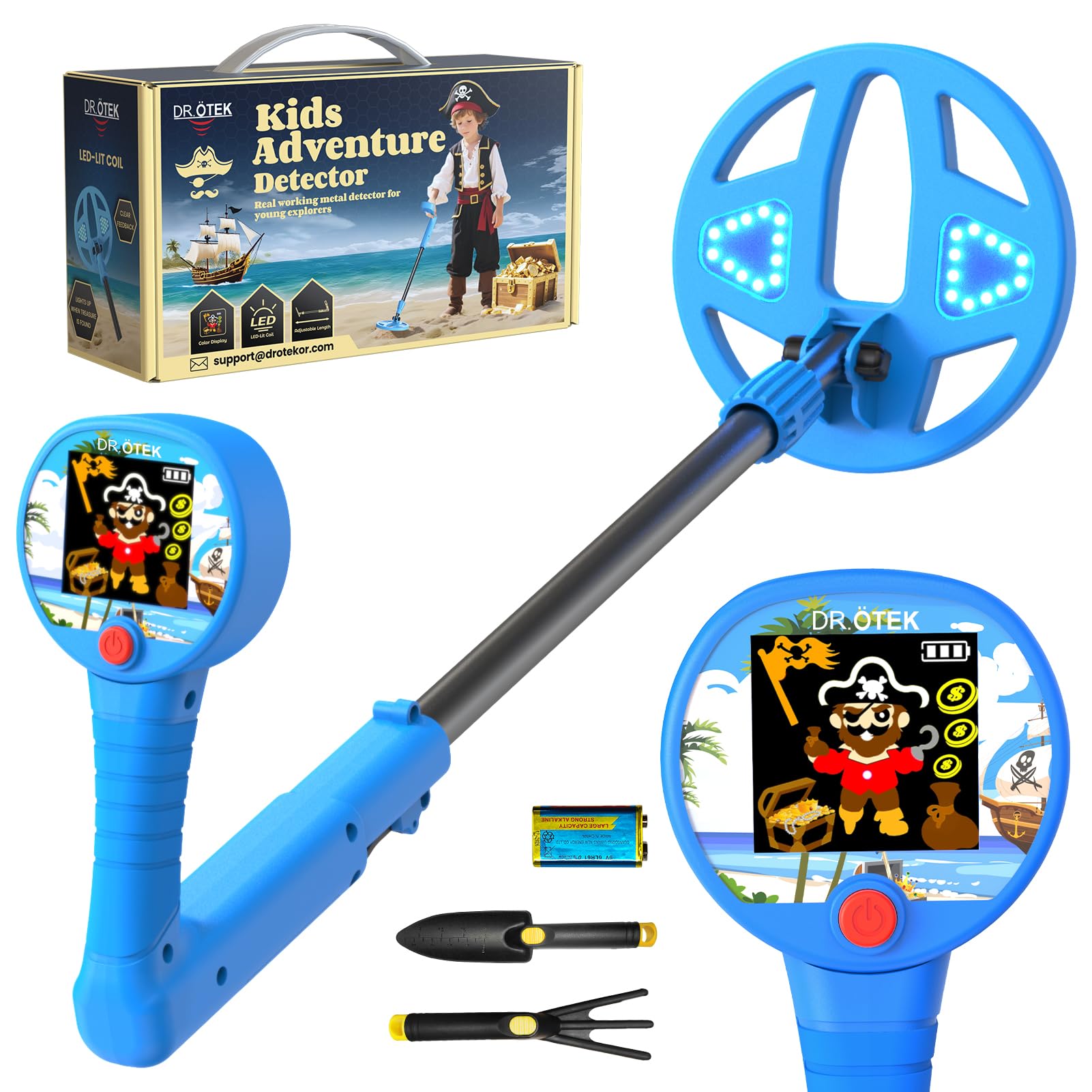 DR.ÖTEK Kids metal detector with color LCD screen guides imaginative outdoor treasure hunts.