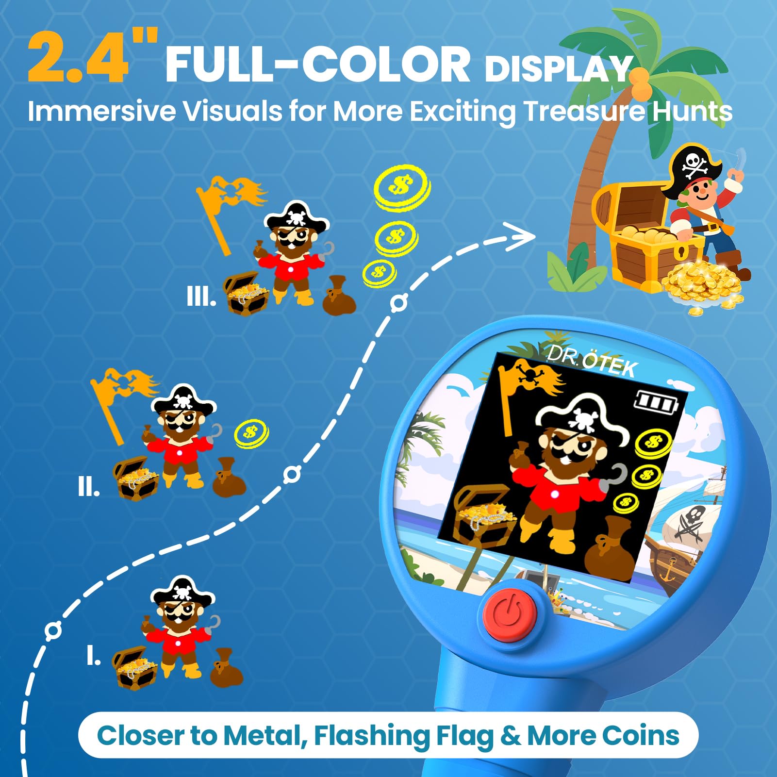 DR.ÖTEK kids detector with 6.7 inch LED-lit coil illuminates low light treasure quests.