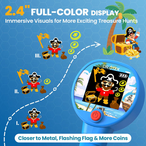 DR.ÖTEK kids detector with 6.7 inch LED-lit coil illuminates low light treasure quests.