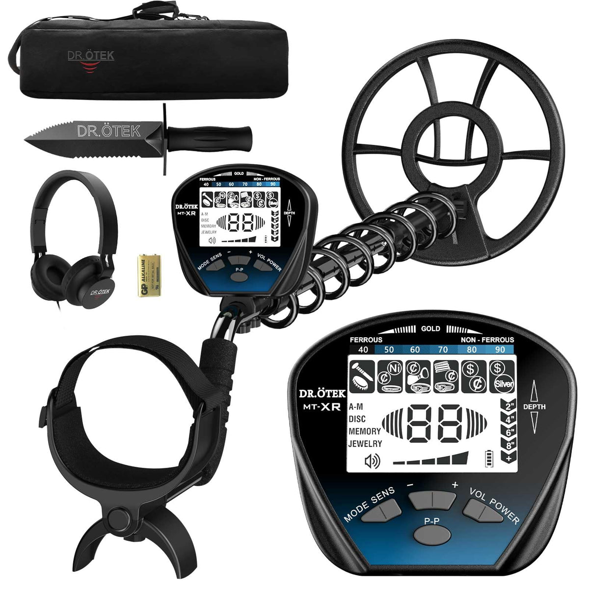 DR.ÖTEK metal detector with 10-inch coil—ideal for broad beach treasure scanning.