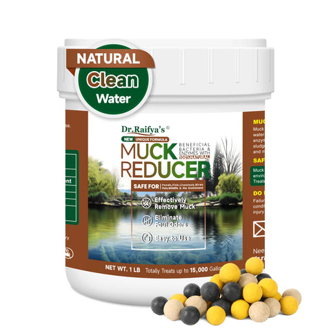 Dr.Raifya’s Muck Reducer dissolving pellets provide even coverage for muck reduction.
