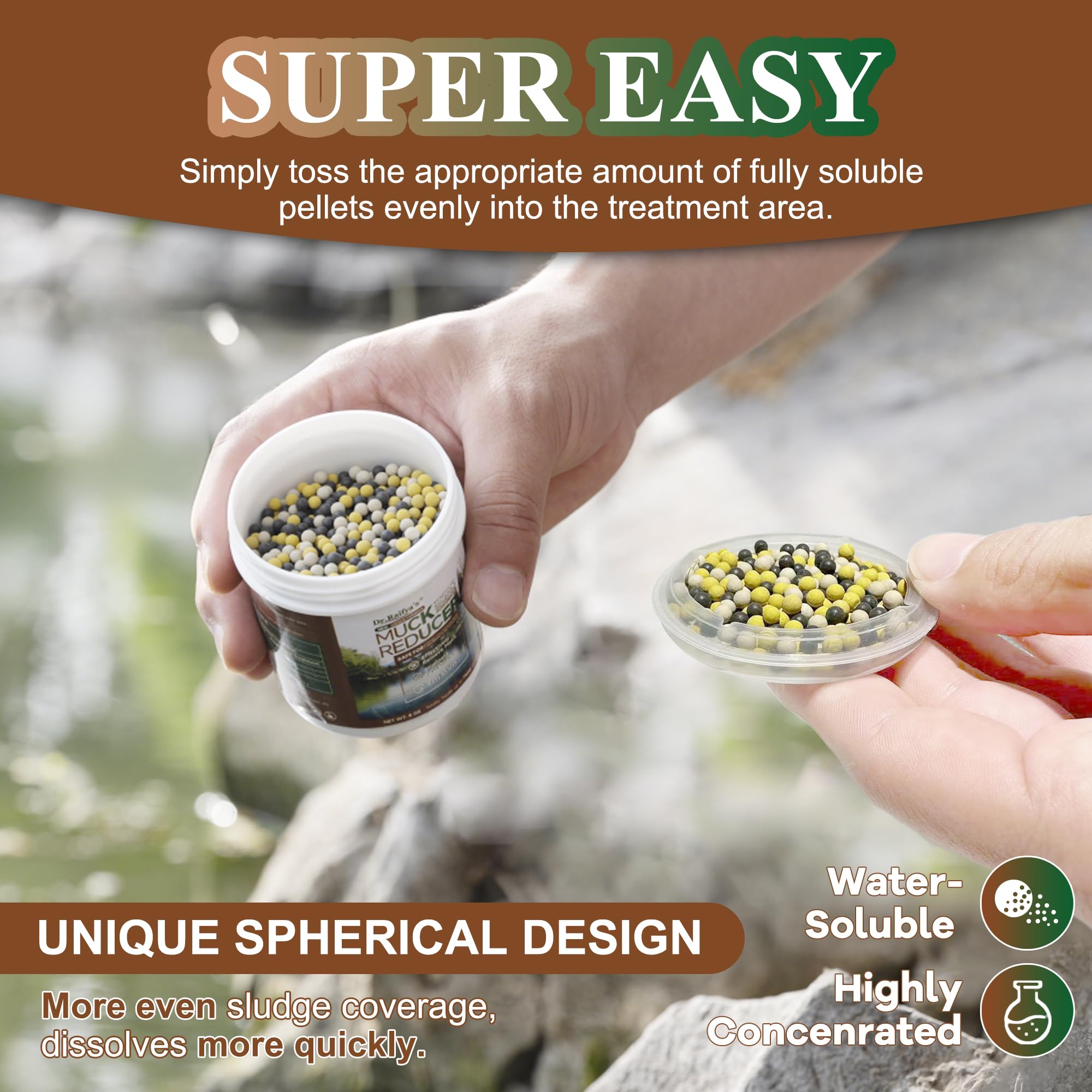 Dr.Raifya’s Muck Reducer pellets are easy to drop into water features.