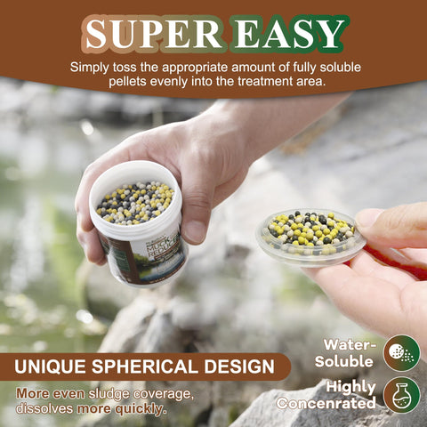 Dr.Raifya’s Muck Reducer pellets are easy to drop into water features.