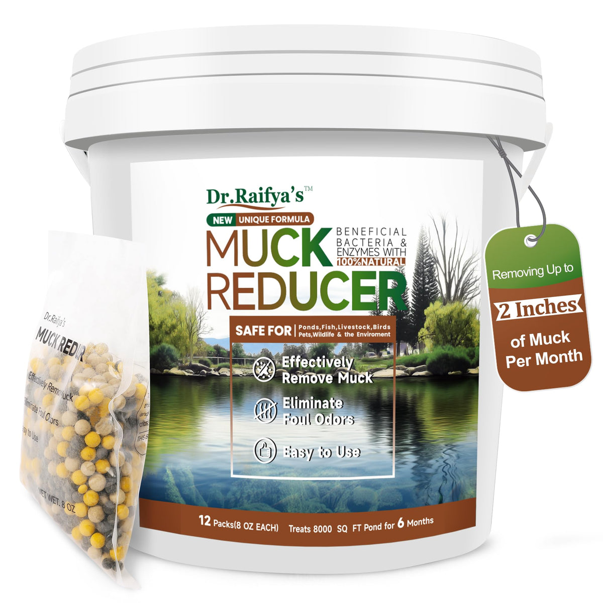 Dr.Raifya's Muck Reducer Pellets packaging shown, ready to treat pond muck safely.