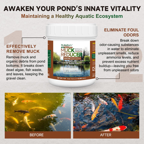 Dr.Raifya’s Muck Reducer targets pond bottom muck for clearer water.
