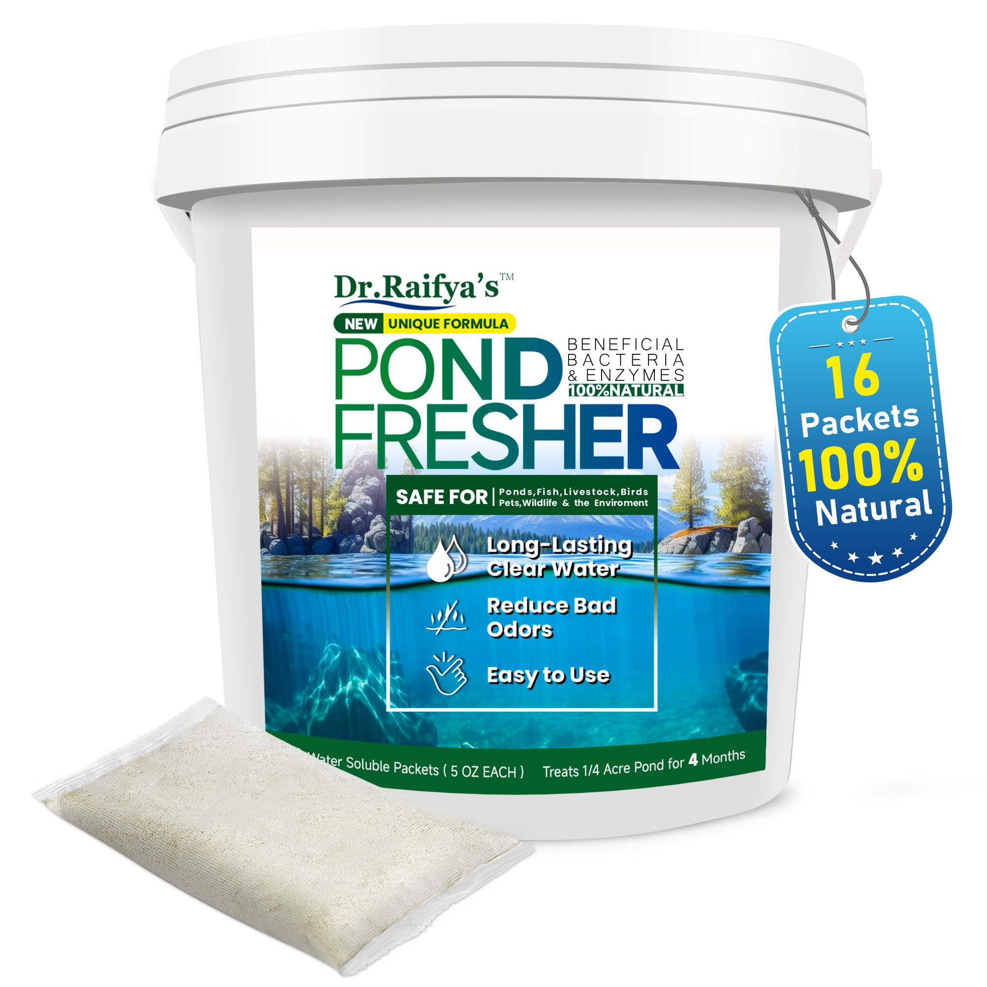 Dr.Raifya's Pond Fresher packets ready to drop into outdoor ponds for clearer water.