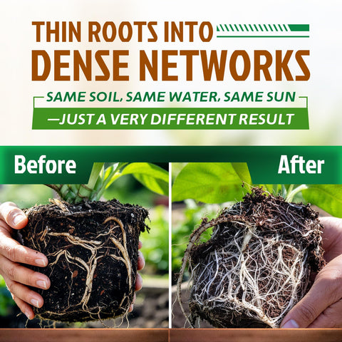Close-up of a thriving root system after inoculation with Dr. Raifya's product.