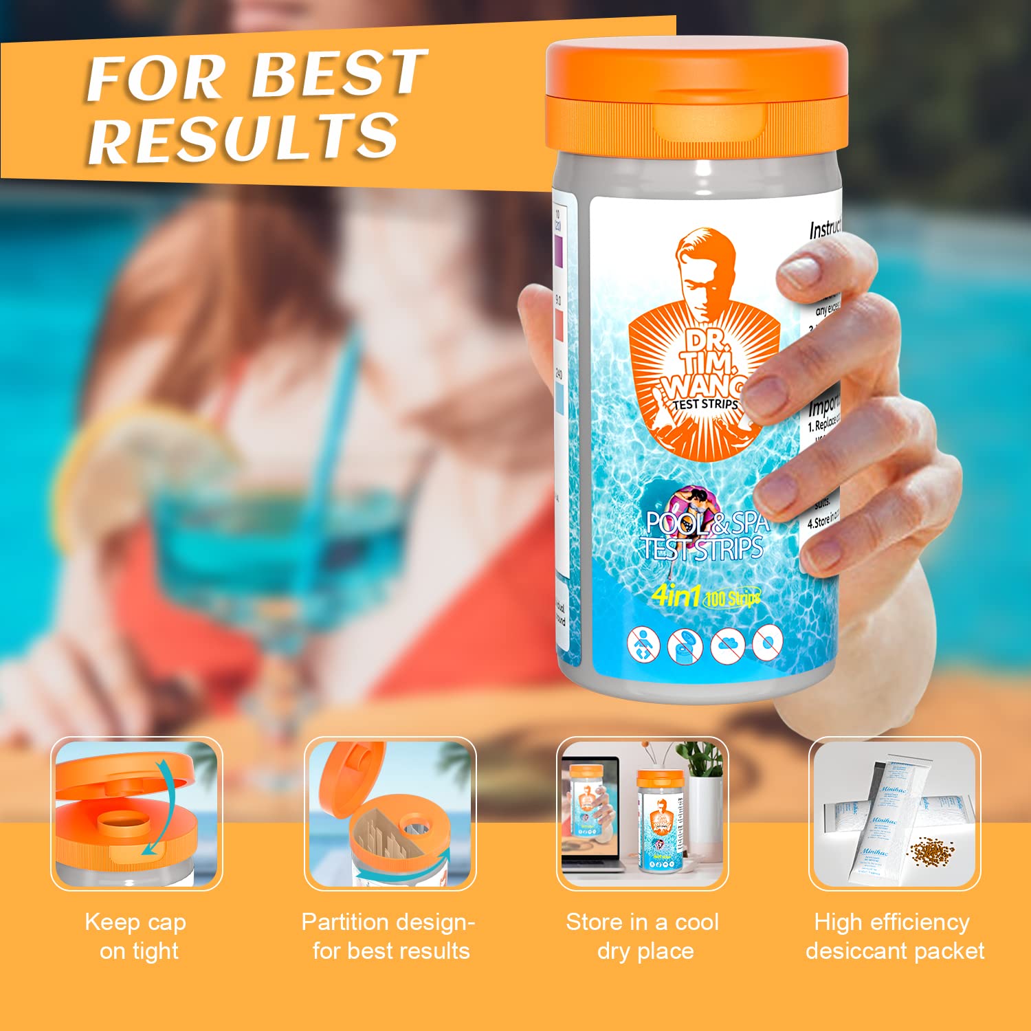 Dr.Tim.Wang pool test strips packaging front with 100 strips.
