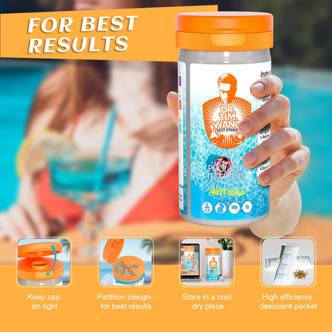 Dr.Tim.Wang pool test strips packaging front with 100 strips.