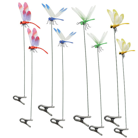 Draduo red dragonfly clip enhances outdoor decor with bright garden color.